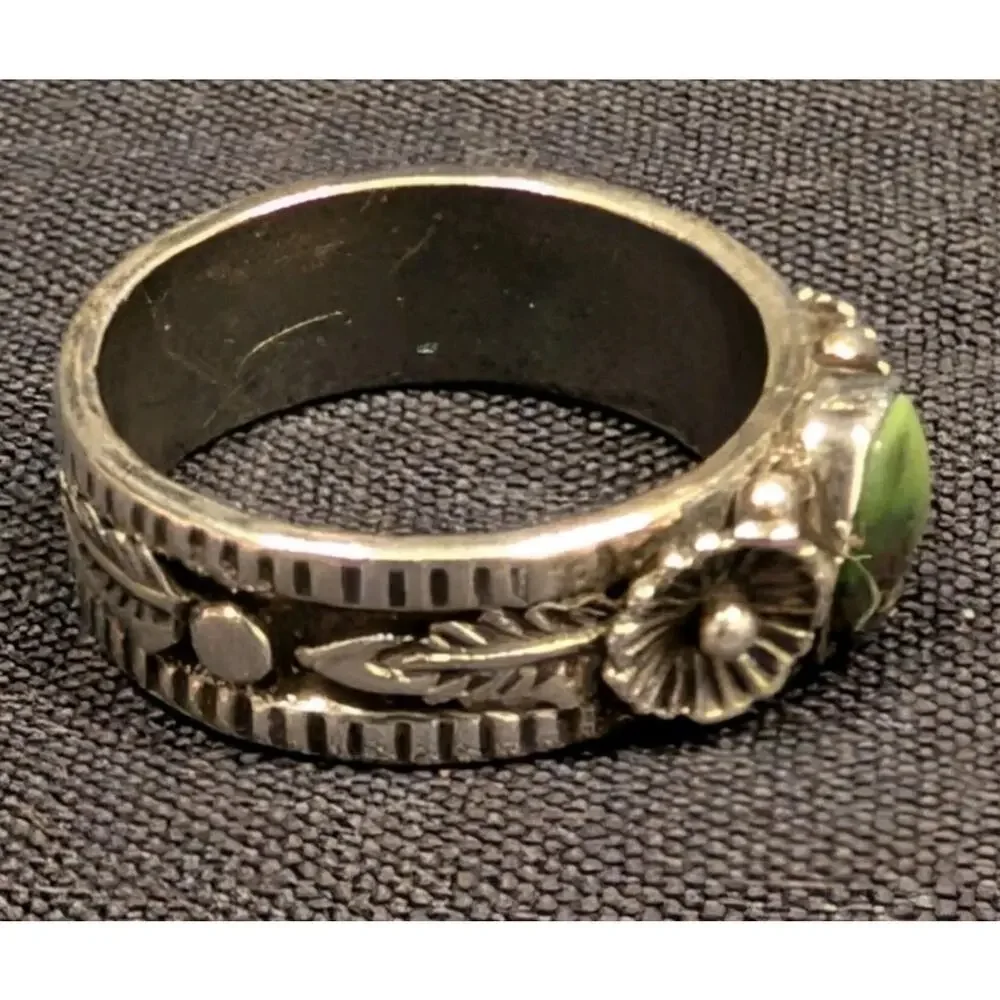 VTG Mens Sterling Silver Natural Green Turquoise Stone Ring Wide Band Sz 8.75